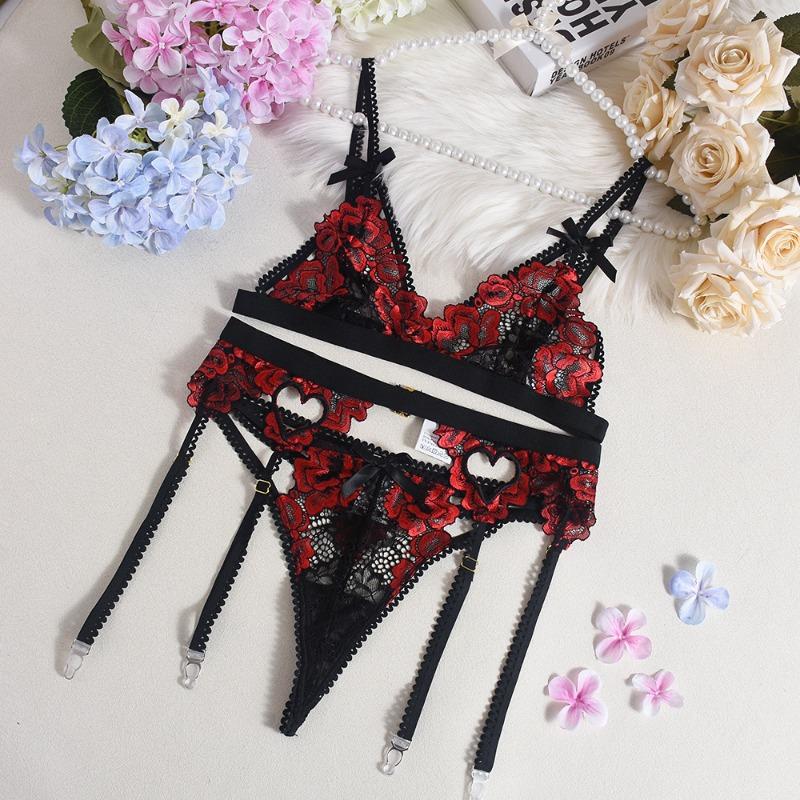 

Embroidered bra heart bow sexy lingerie women XXL красный