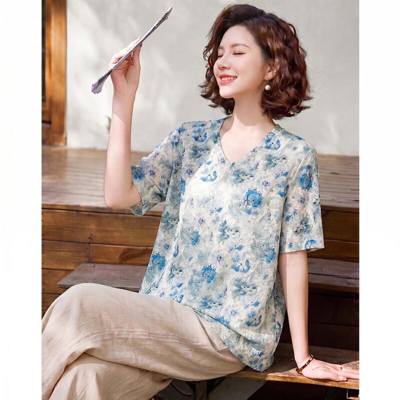 Haoyi Women s Summer Floral Print Short Sleeve T-Shirt L синий