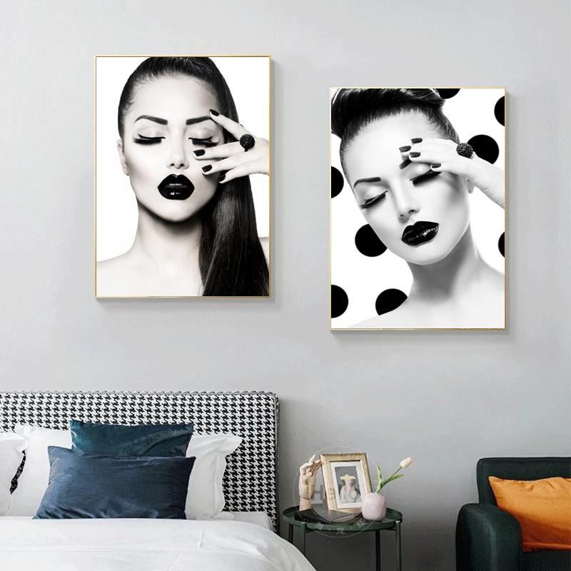 Modern Beauty Fashion Girl Makeup and Hair Posters and Prints Black White Picture Nail Salon Wall Art Canvas Painting Wall Decor