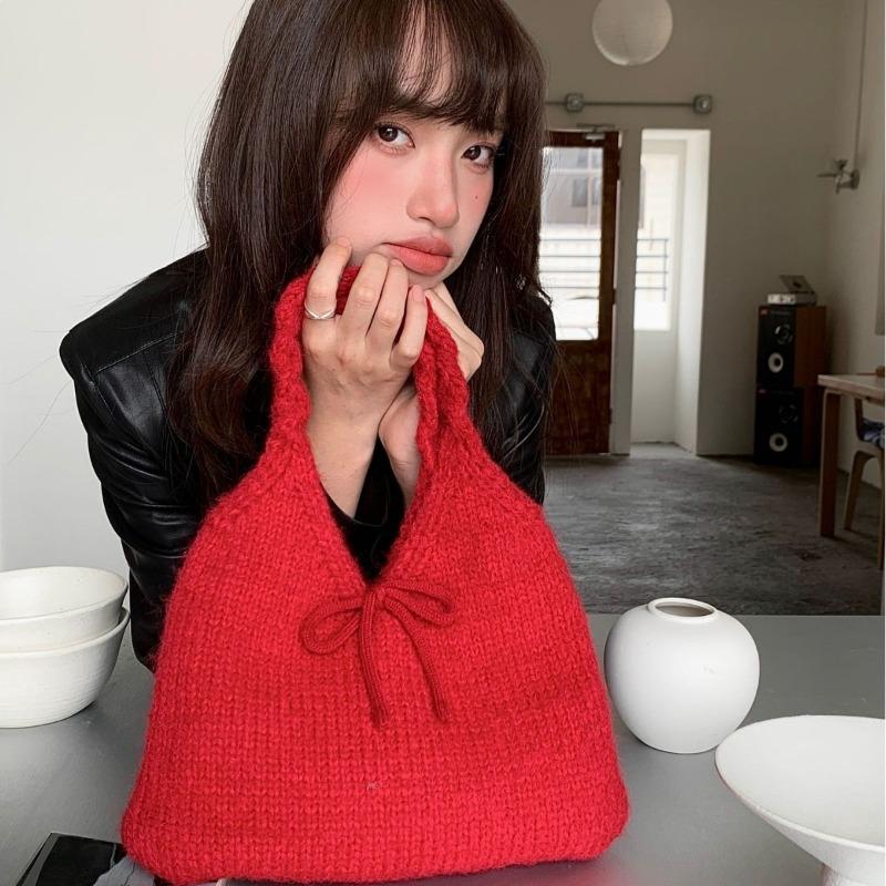 Casual bag bow handbag Japanese autumn and winter cute underarm bag large capacity simple knitted bag new