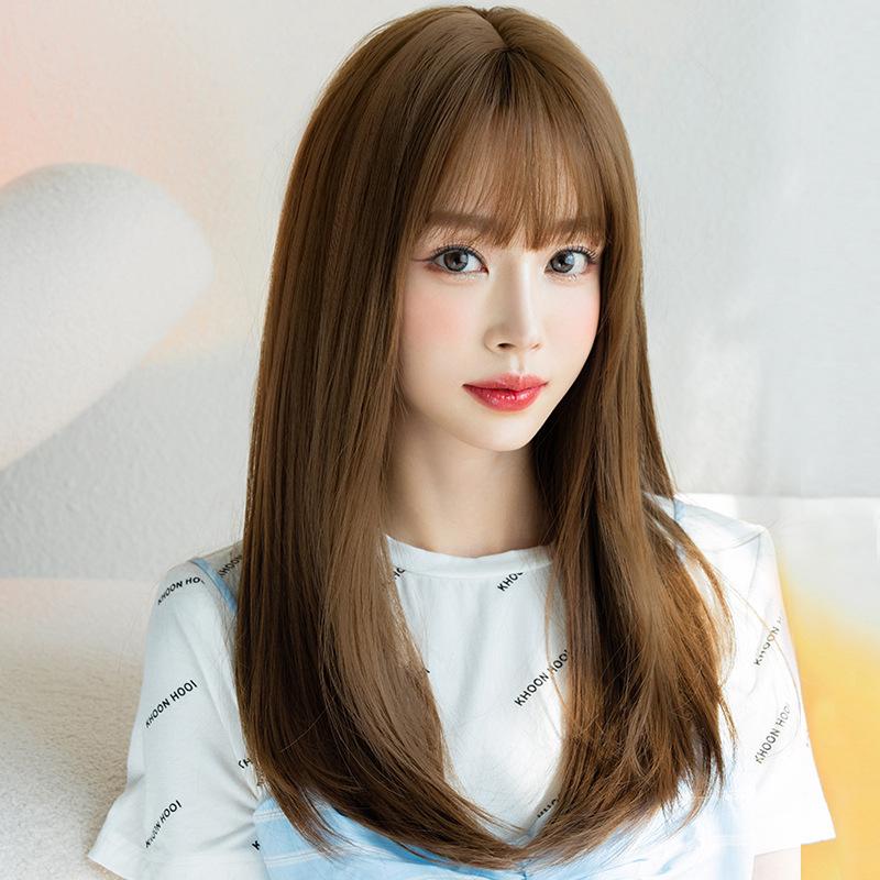 Women's Long Straight Wig with Air Bangs - Age-Reducing Fluffy Hairpiece