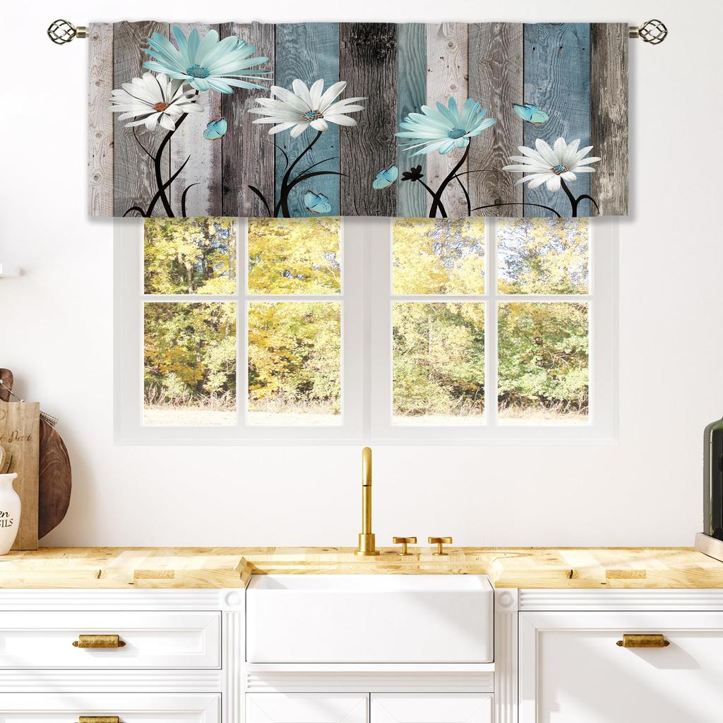 Turquoise Country Style Daisy Window Valance Suitable for Kitchen Bathroom Bedroom Living Room 52×18 inches