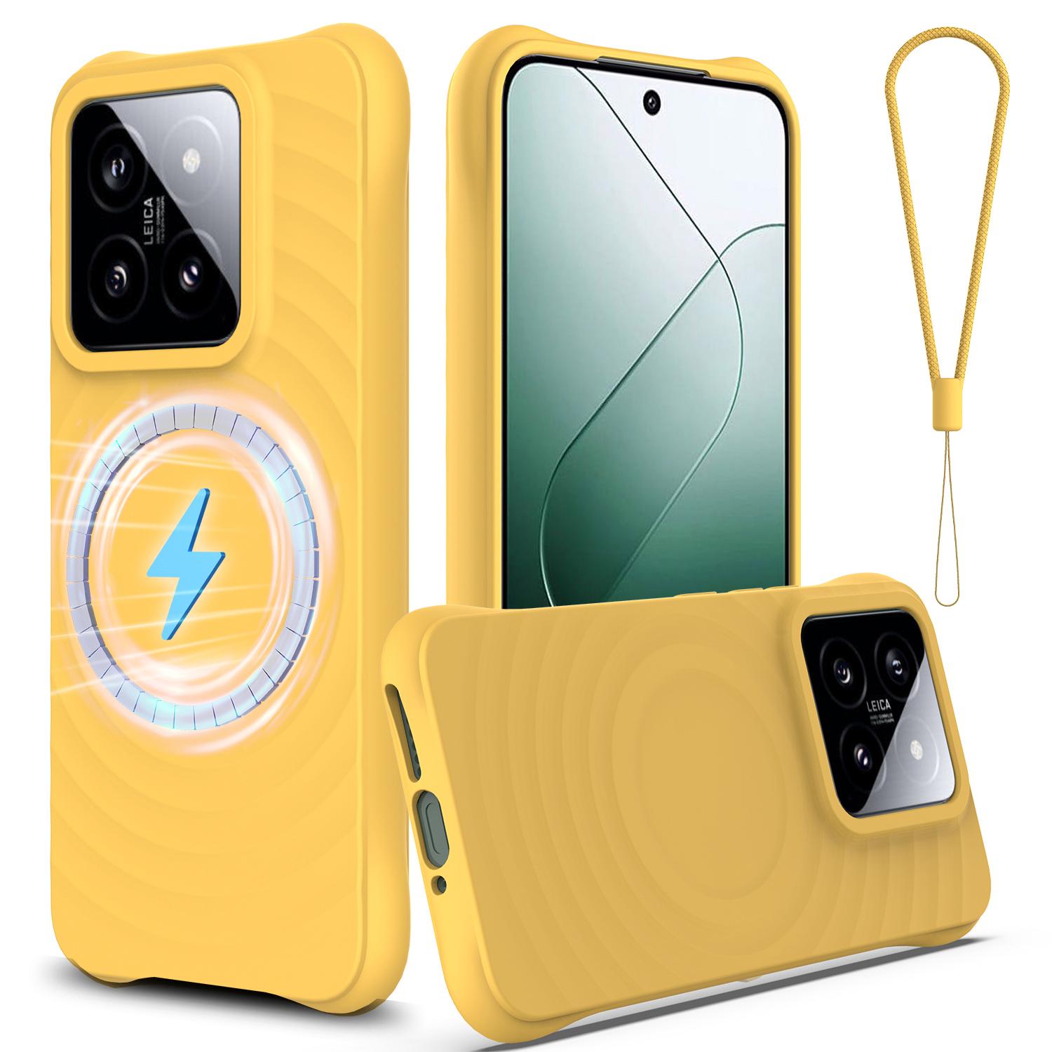 

For Xiaomi 14 Case Compatible with MagSafe Ripple Texture Liquid Silicone Protective Cover with Strap Yellow