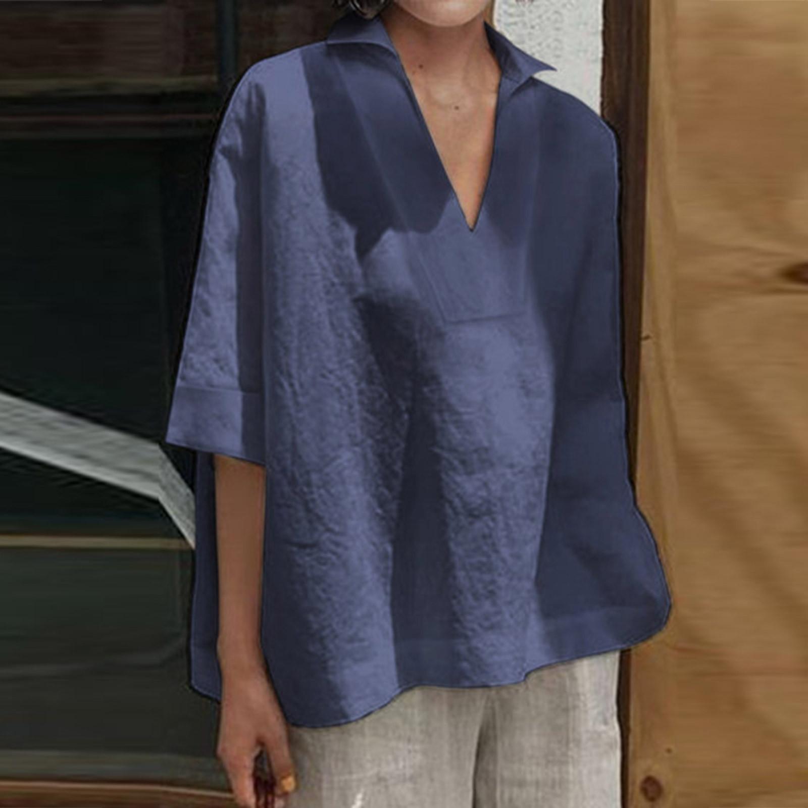 

Новый женский летний модный свободный пуловер с круглым вырезом, однотонная литературная хлопковая футболка из конопли 5XL тёмно-синий