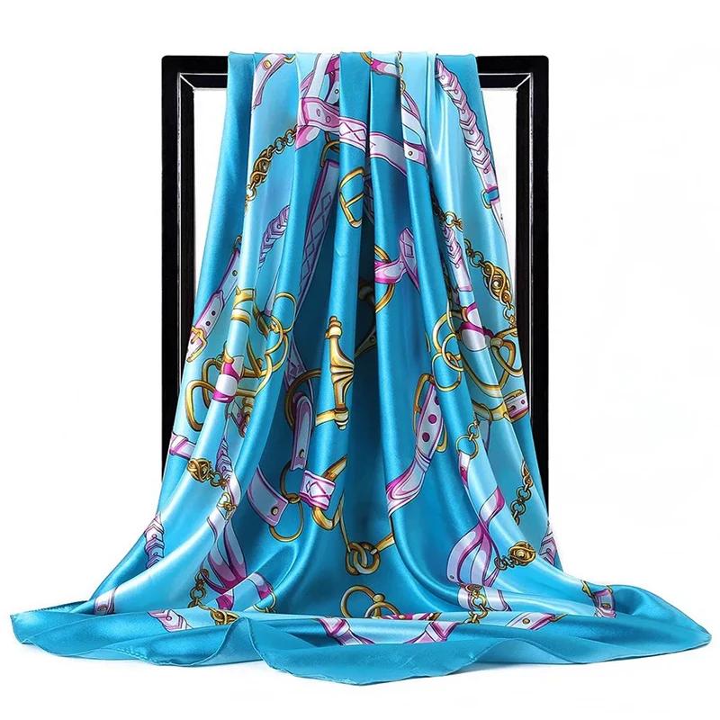 90*90cm Satin Scarf for Women Cashew Flower Print Chain Scarf Spring and Summer New Style Shawl Scarf for Women 2024 New Style