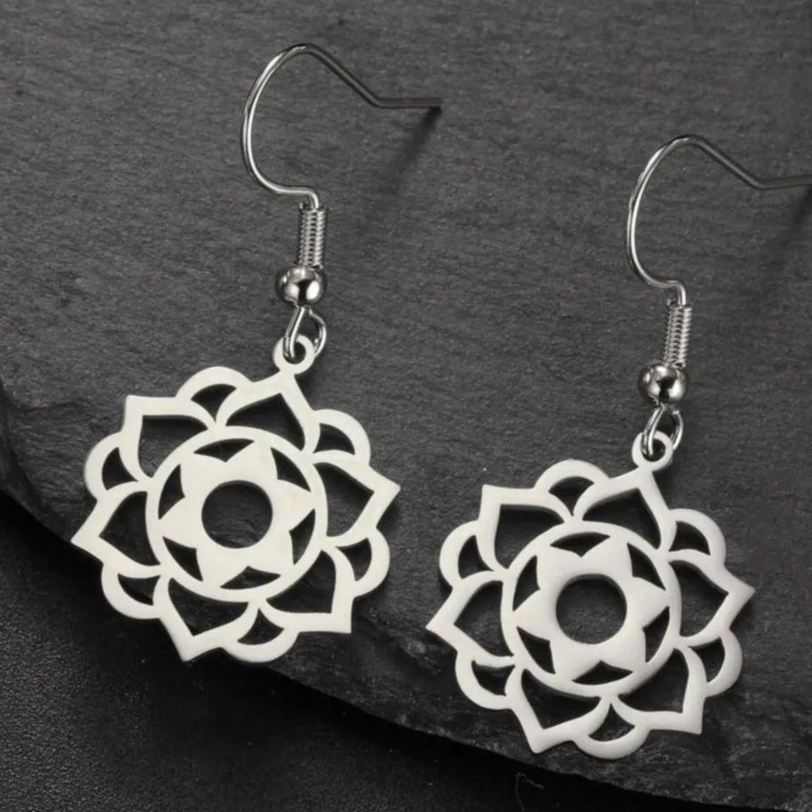LIKGREAT Stainless Steel Lotus Flower Earrings Elegant Mandala Chakra Drop Pendant Women Healing Buddha Spiritual Yoga Jewelry