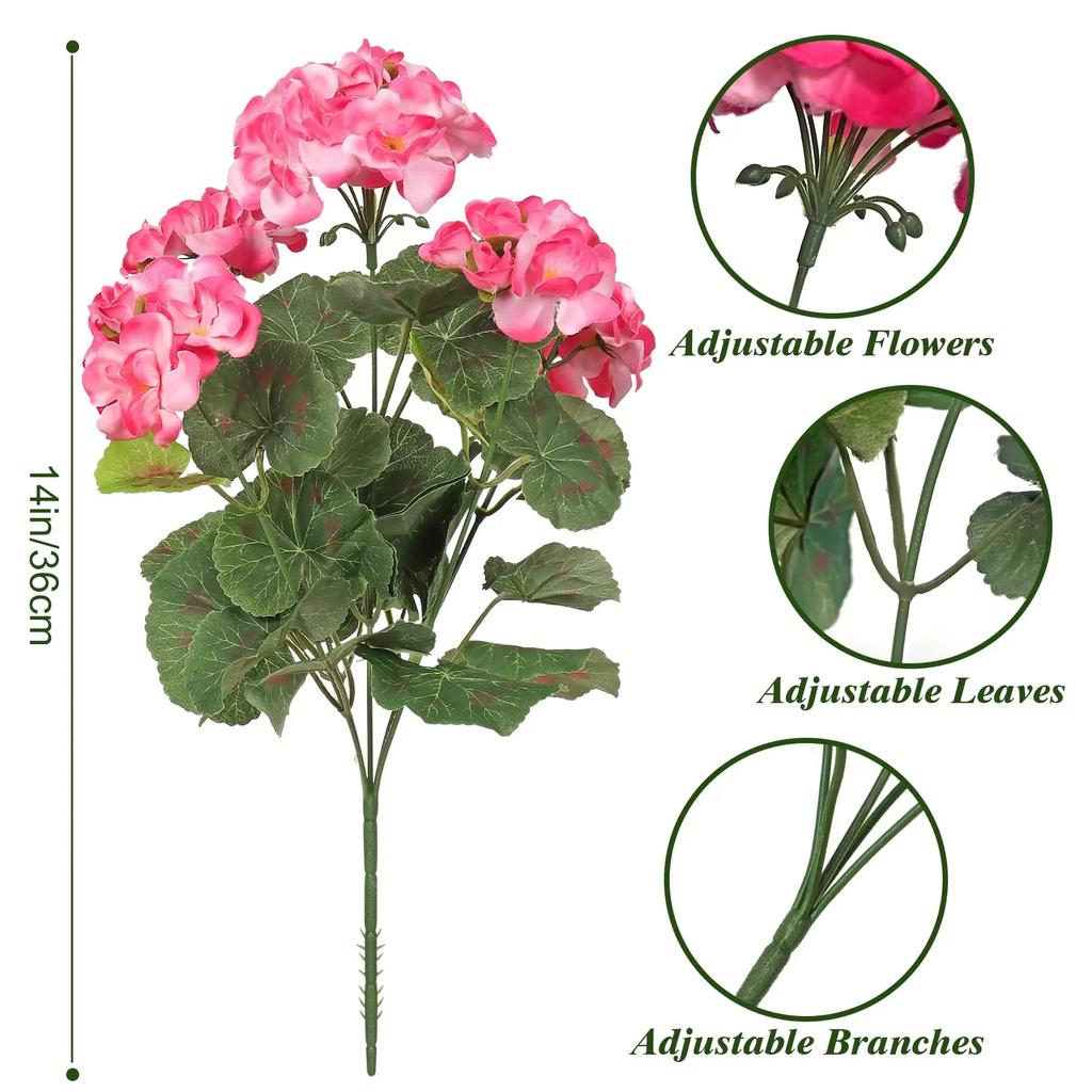 2PCS Artificial Geraniums Outdoor Silk Flowers Bush Fake Flowers for Floral Home Decor Indoor Garden Grave Cemetary Table Decor