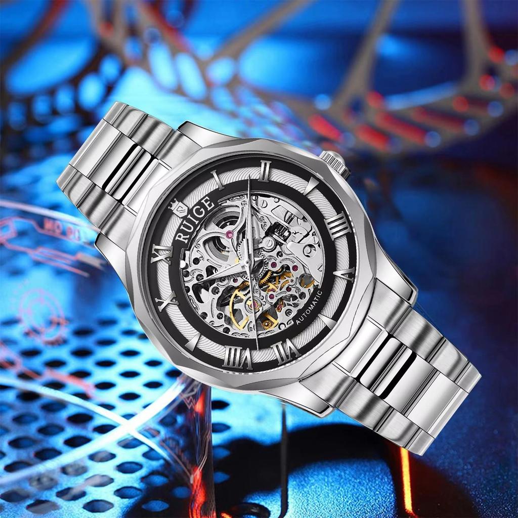 Hollowed Out Men's Fully Automatic Mechanical Watch Stainless Steel Men's Fashionable Waterproof Luminous Trendy Watch