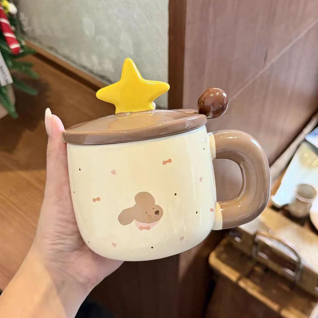 High value mug with lid spoon cute ceramic cup household water cup women's office coffee breakfast cup couple