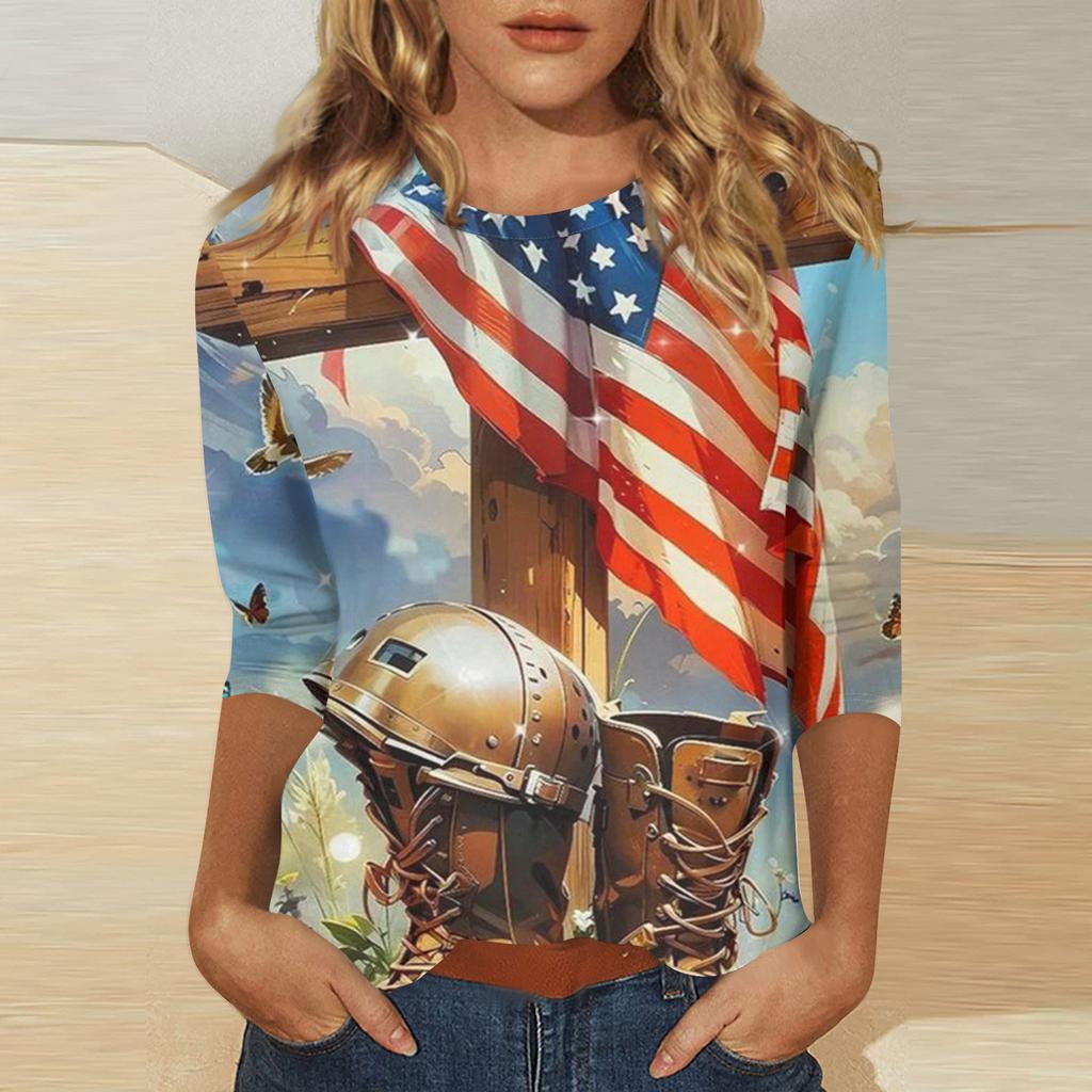 Women's Independence Day Print Round Neck Seven-Eighths Sleeve Top