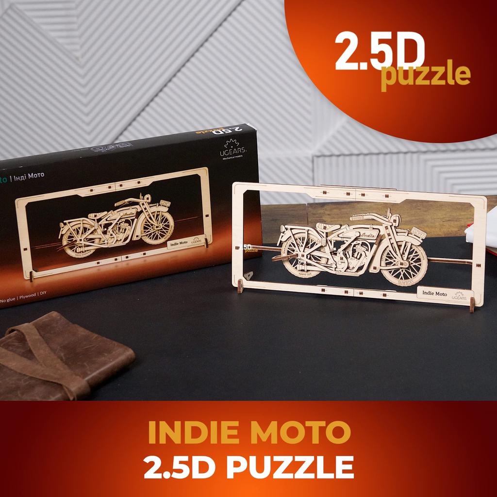 Ugears Indie Moto Wooden 3D 3D Easy Beginner Assembly No Glue 42 Estimated Assembly 30 Minutes 2.5D Puzzle, Puzzle, Puzzle, Puzzle, Kit, Vehicle,