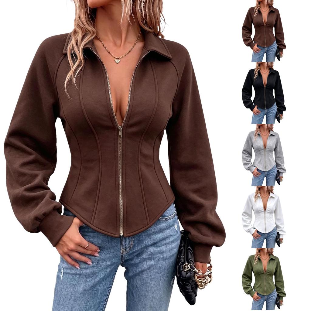 Women's Fashion Zip Up Long Sleeve Color Waist-Cinched Sweatshirt Jacket with Lapel Collar for Casual Wear