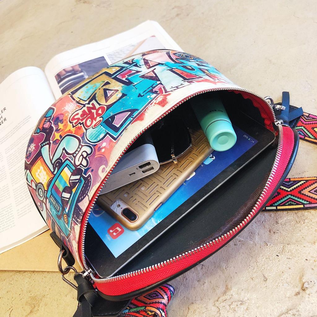 Fashion Hiphop Cartoon Street Style Graffiti PU Leather Messenger Bag Female Travel Women Shoulder Bags Crossbody Bag Ladies Handbag