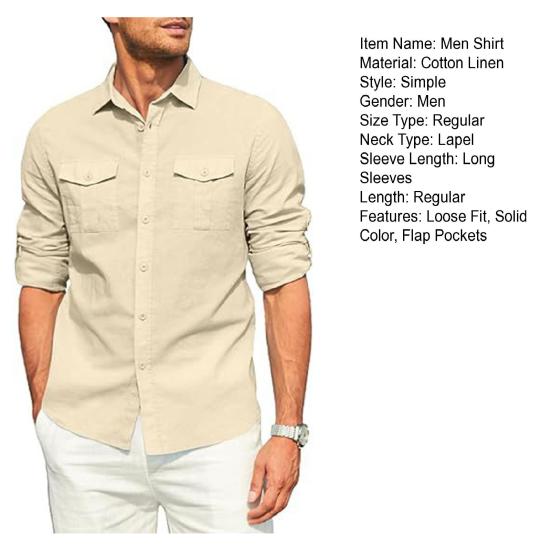Men Solid Color Casual Shirt Lapel Long Sleeve Flap Pockets Single Breasted Shirt Loose Fit Tops Workwear