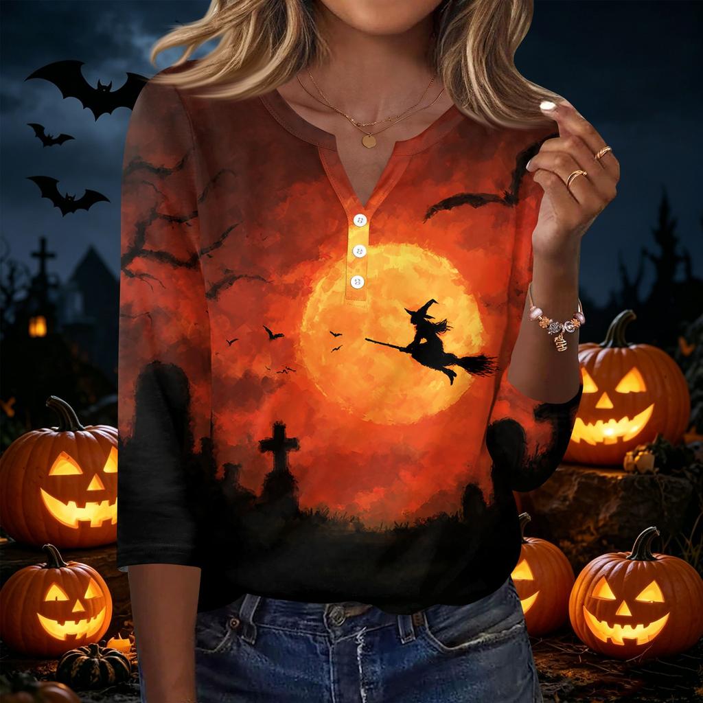 Women's Casual Halloween Print V Neck Button Front Three Quarter Sleeve T Shirt Top Lightweight Soft Fabric Comfortable Fit