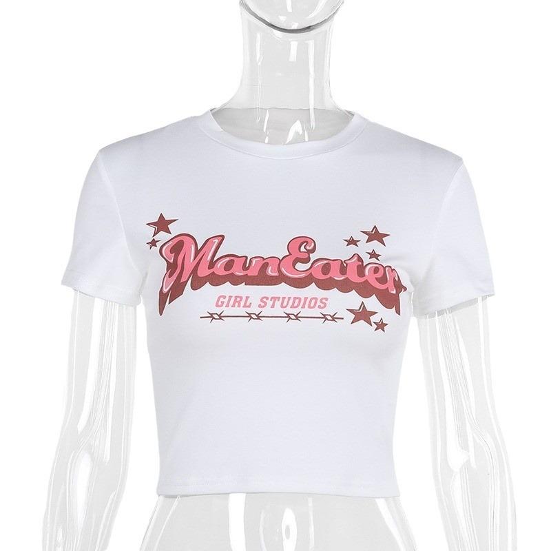 Summer new slim-fit open-navel versatile T-shirt European and American fashion printed short-sleeved top