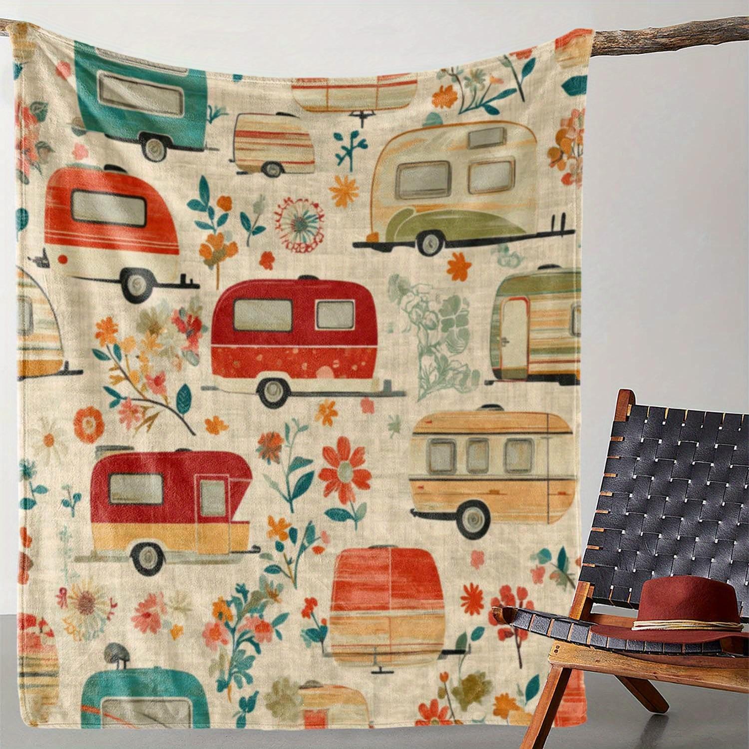 

Retro Camper Floral Blanket: Soft Micro Fleece for Bed, Couch or Gift - Cozy Outdoor Design, Perfect for Home Decor & Relaxation 80x60in