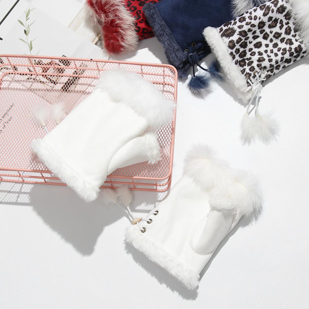 Rabbit Hair Suede Leather Soft Stretch Gloves Women Girls Winter Thicken Warm Mittens 1 Pair Fashion Fingerless Faux Gloves
