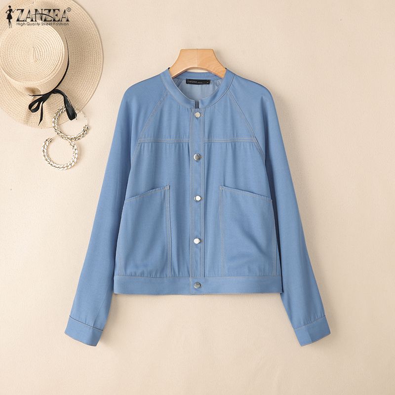 ZANZEA Dámská ležérní jednobarevná halenka s kulatým výstřihem s dlouhým rukávem