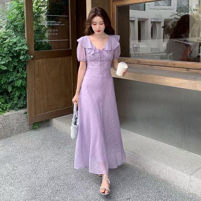 French Summer 2026 Purple Ruffled Waist-Cinched Long Dress for Women - Gentle Bestseller Style 2XL