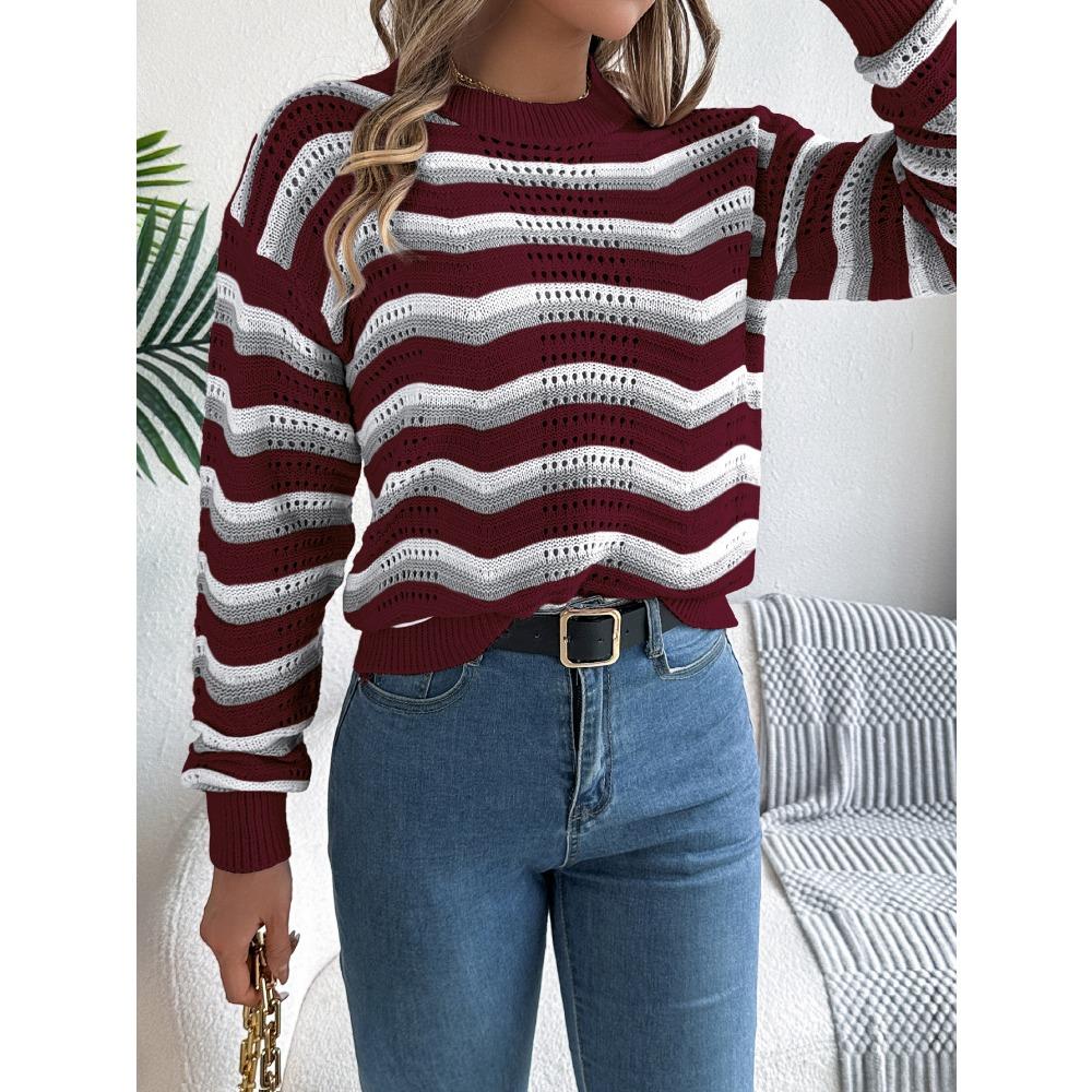 Fashionable Women's Casual Openwork Colour-Block Striped Lantern-Sleeve Pullover