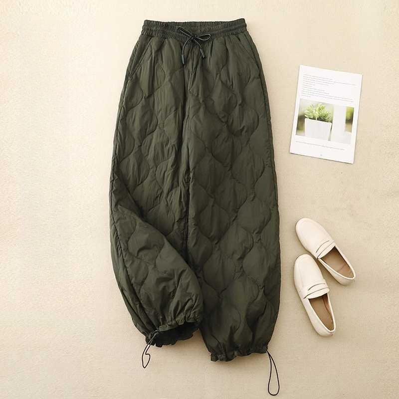 Winter New Literary Tie Elastic Waist Diamond Lattice Embossed Line Cotton Pants Female Windproof Warm Long Cotton Pants