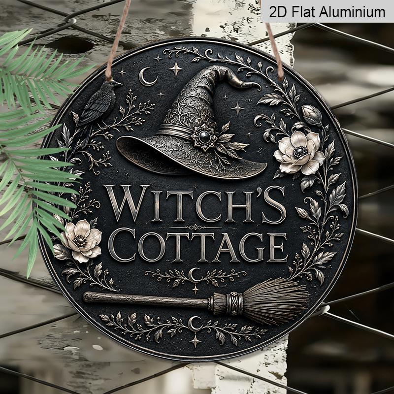 2D Flat, 1pc Round Aluminum Hanging Sign, Vintage Embossed Effect Flat Metal Plaque, Witch Hat, Raven, Broom & Floral Print, Dark Gothic Wall Decor