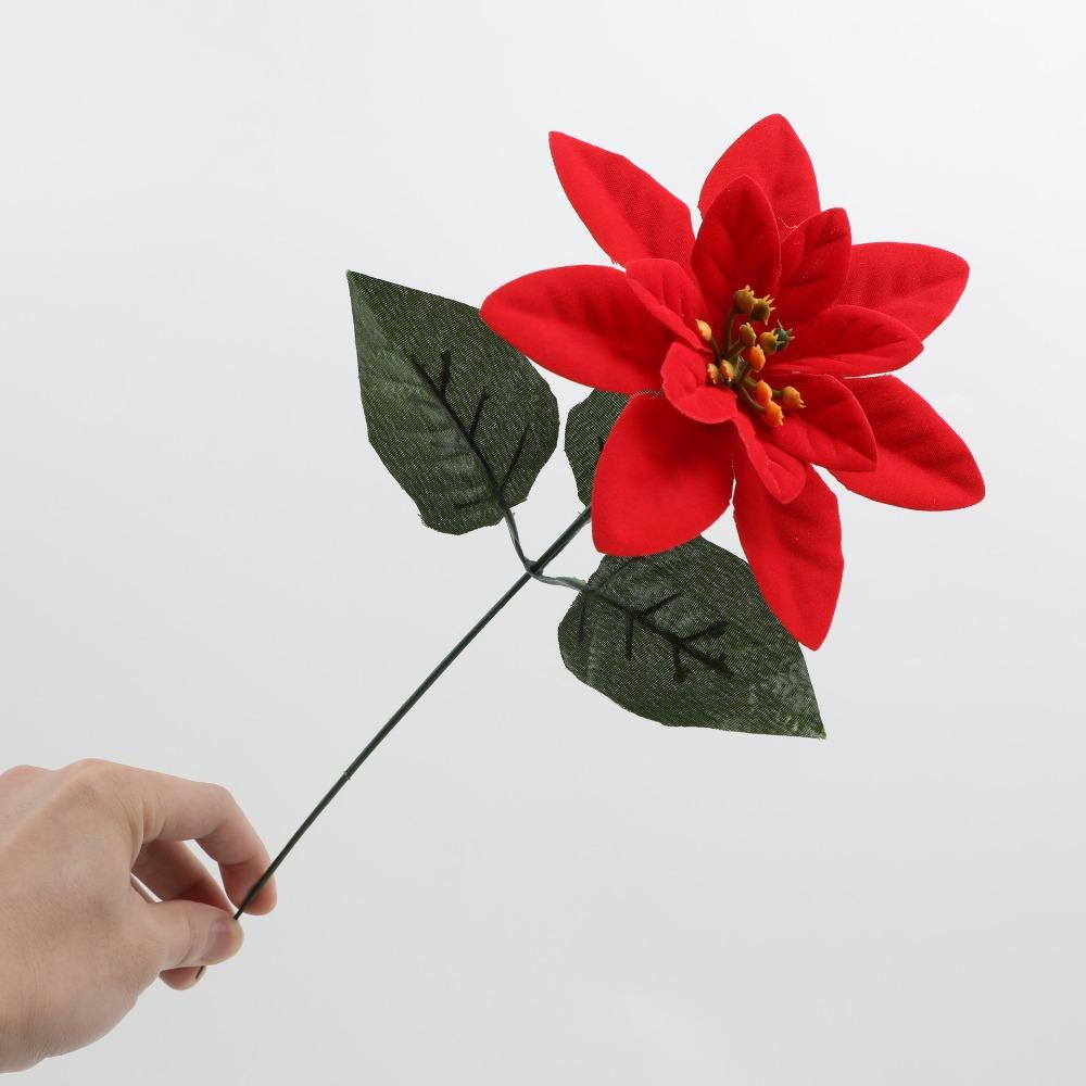 Red Color Christmas Flowers Bouquet Green Leaves Fake Flowers Decoration Christmas Tree Ornaments