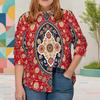 Women Plus Size Collared Long Sleeve Printed Red Floral Button Front Shirt Curved Hem