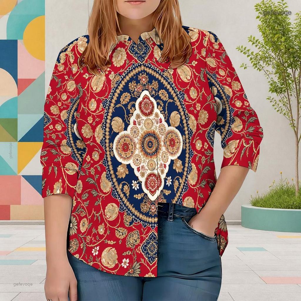 Women Plus Size Collared Long Sleeve Printed Red Floral Button Front Shirt Curved Hem