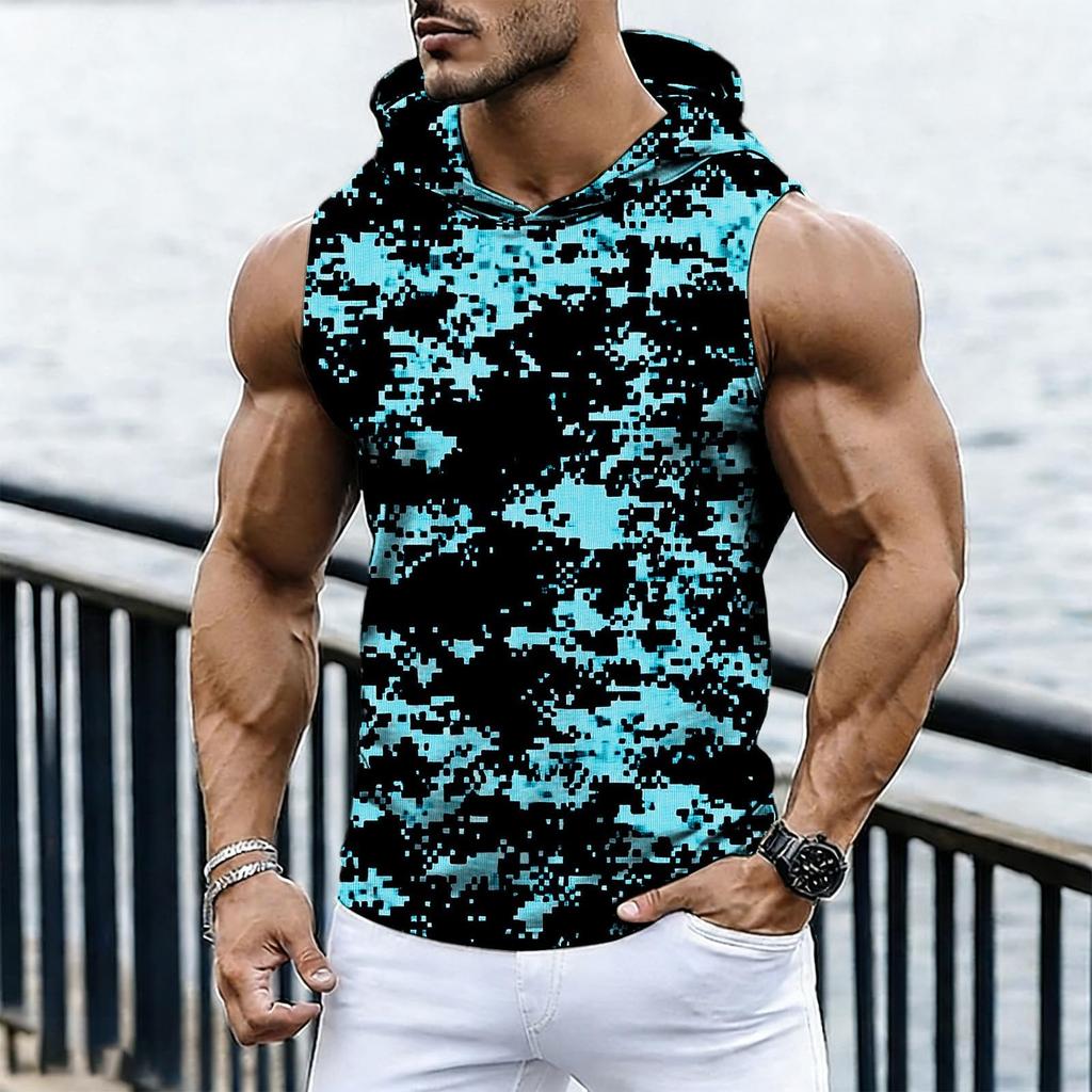 Men's Casual Fashion Printed Sleeveless Hooded Tops | Lightweight Summer Hooded Tank Tops