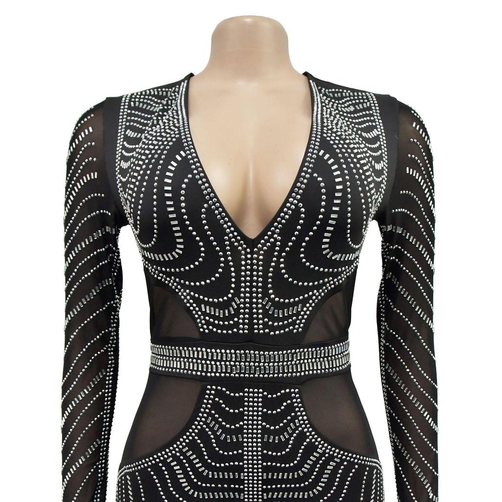 Women's Fashion Solid Color Mesh Long Skirt Dress with Hot Drilling