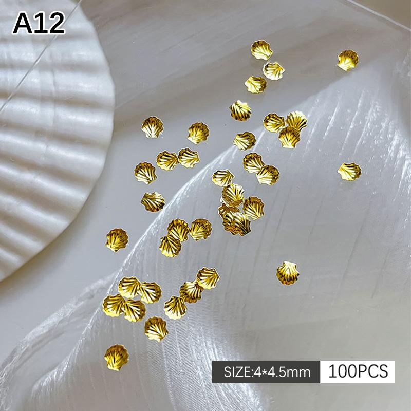 100Pcs Ocean Starfish Shell Nail Charms Golden Silver Metal Nail Art Decor 3D Nail Rivet Metallic Slice Diy Manicure Nail Parts A12