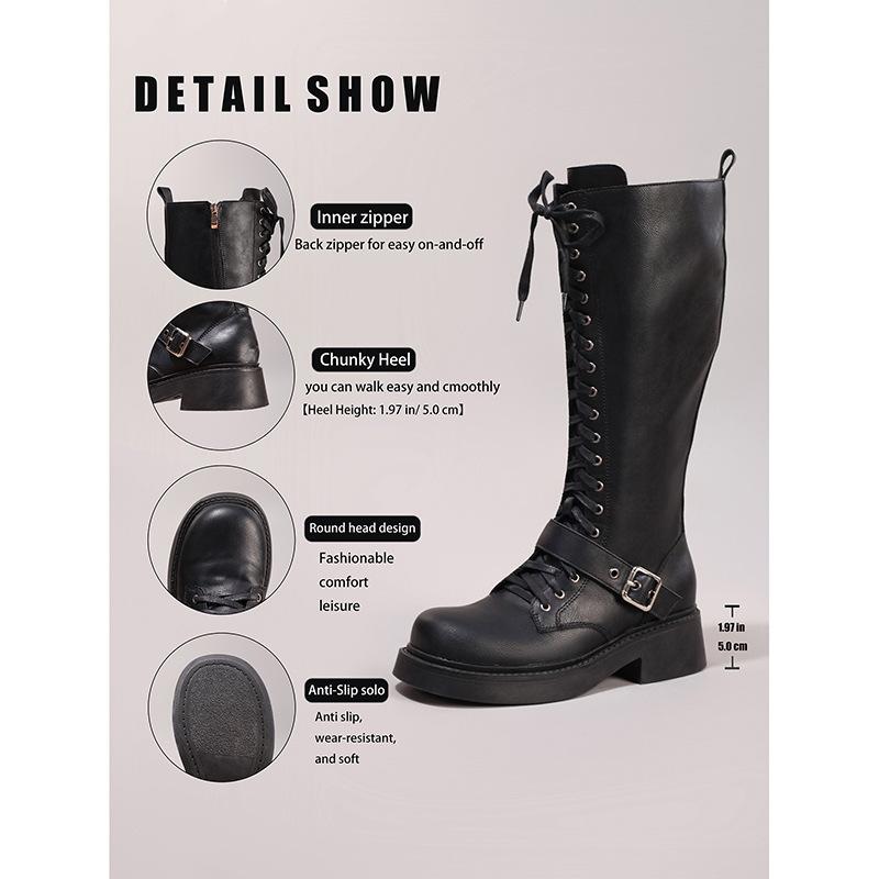 Kozaki do kolan na grubej podeszwie Damskie kozaki rycerskie na wysokim grubym obcasie z okrągłym noskiem Sznurowane casualowe kozaki lokomotywowe do kolan