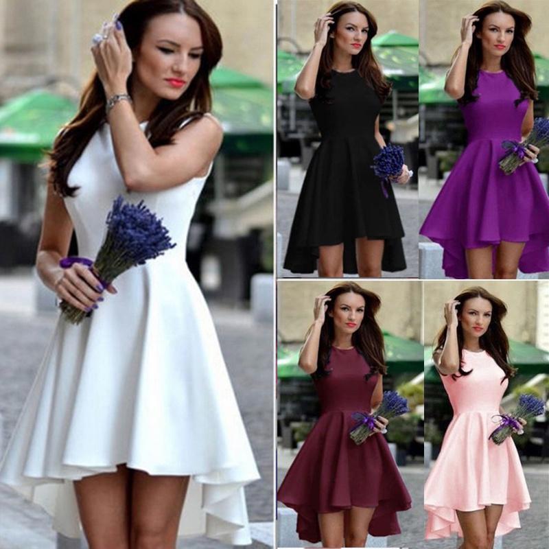 Fashion Women Sleeveless Asymmetric Hem Casual Sundress In Elegant Pure Color