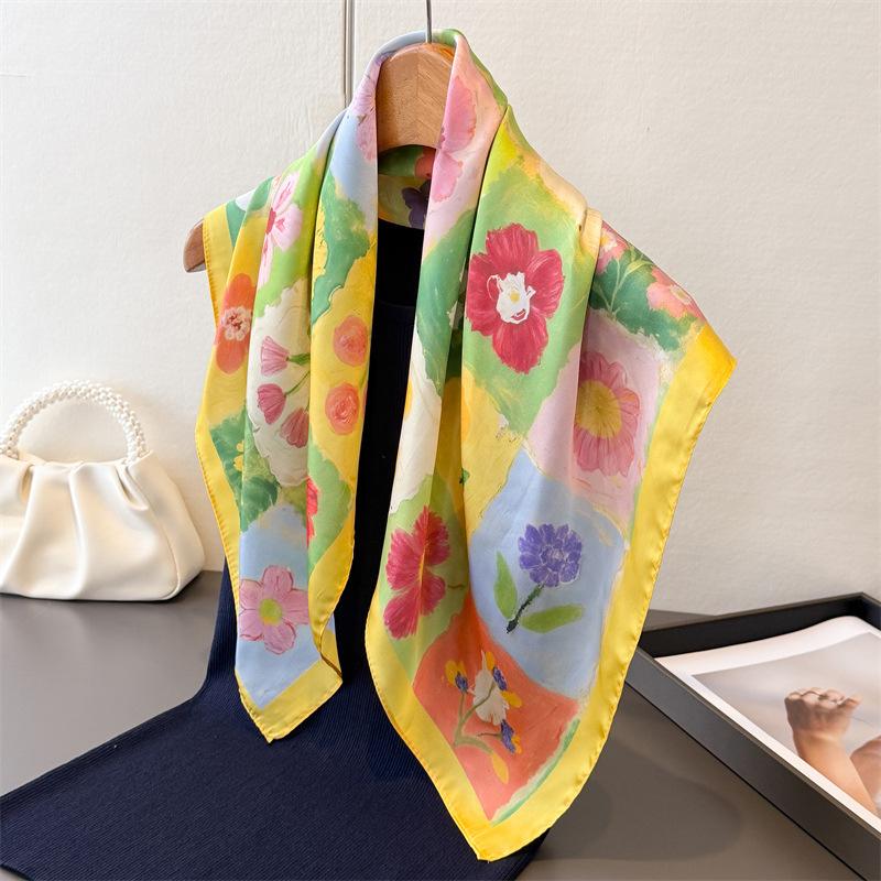 Fresh Oil Painting Style High-end Printed Silk Scarf Imitation Square Versatile Shawl Neck Small Headscarf
