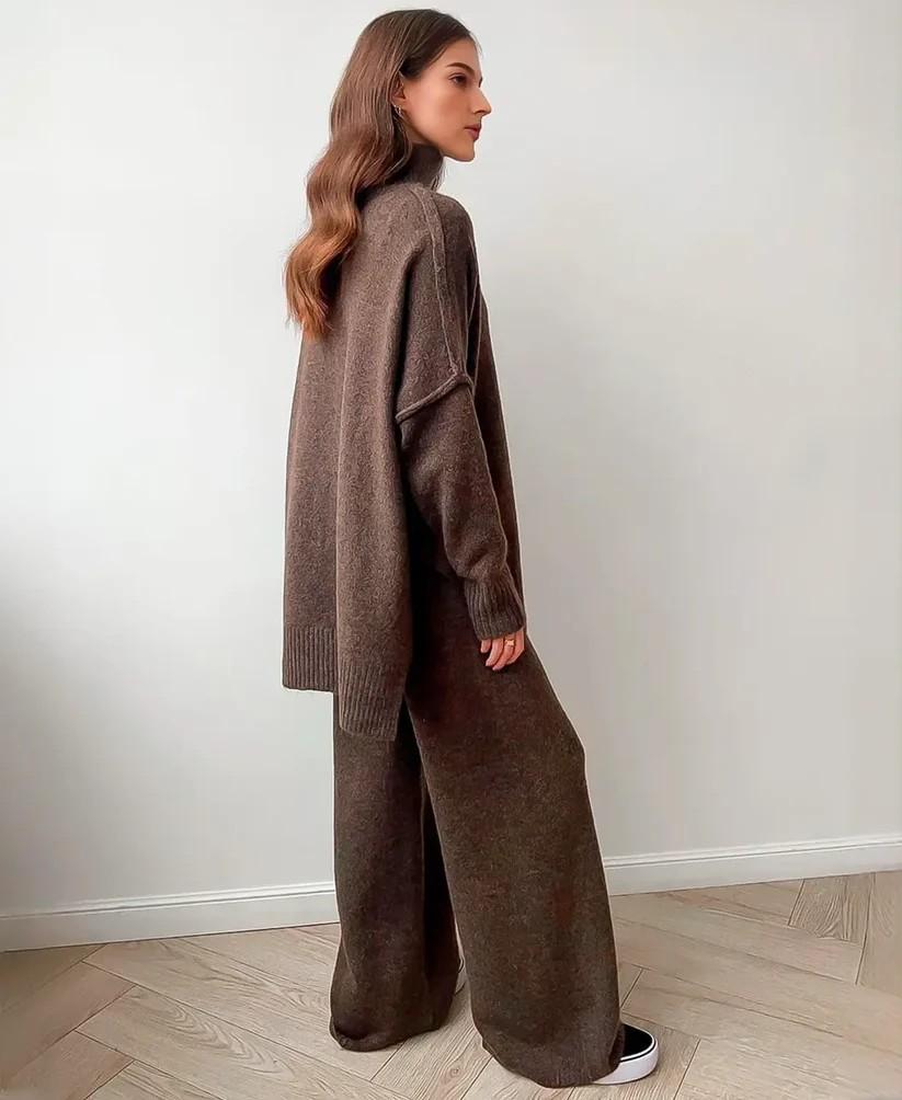 Solid Color Loose Turtleneck Knit Sweater Wide Leg Pants Suit
