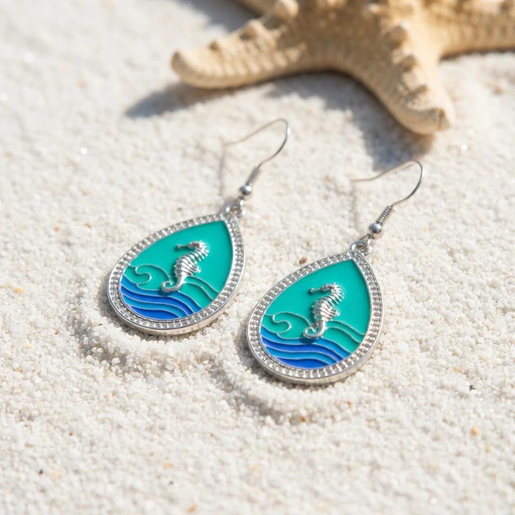 Blue Enamel Seahorse Teardrop Dangle Earrings For Women Ocean Wave Earring Silver Color Boho Summer Beach Jewelry