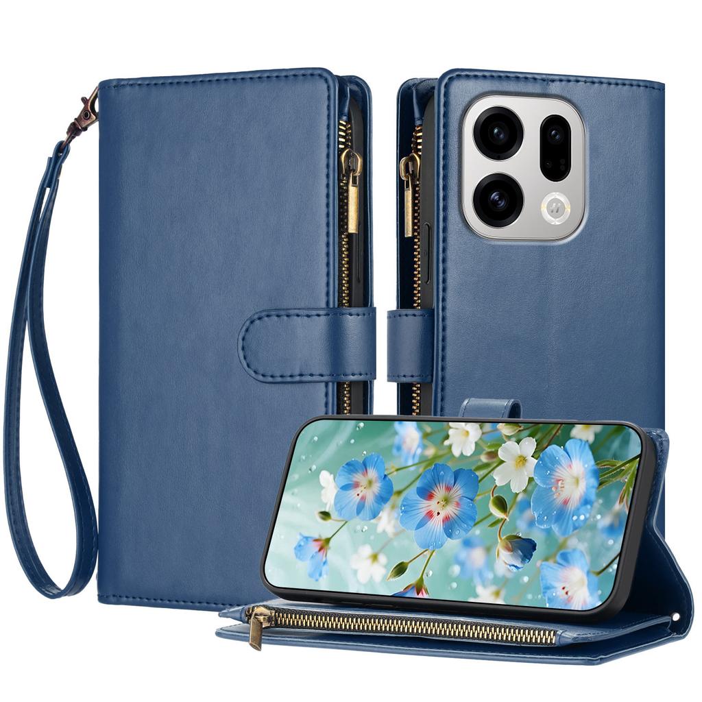 For Oppo Find X9 5G Leather Case Zipper Wallet Stand Shockproof Phone Cover with Wrist Strap