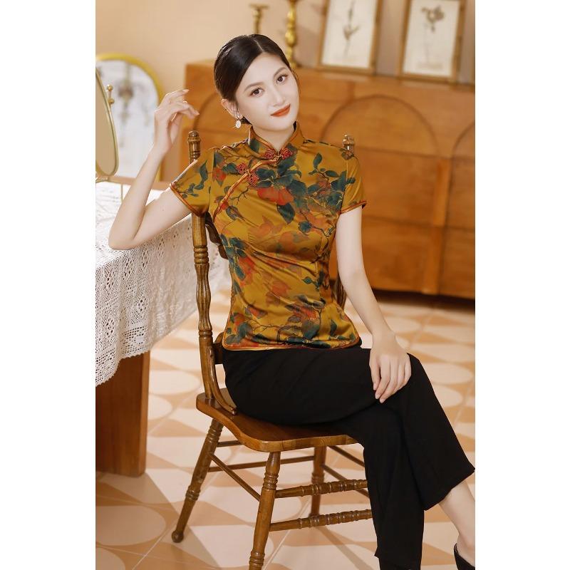 Blusa Elegante de Satén para Mujer Estampado de Flores Camisa Cheongsam Estilo Chino Tradicional Ropa Tang Disfraz de Verano Otoño
