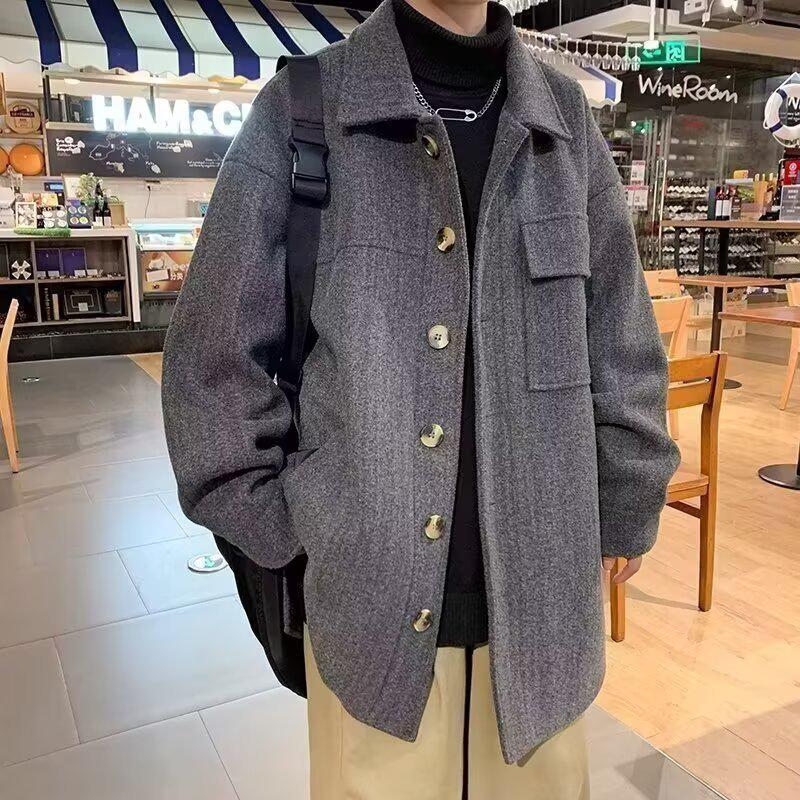 Men's Mid-Length Woolen Coat: Casual, Trendy, Oversized High-End Winter and Autumn Windbreaker.