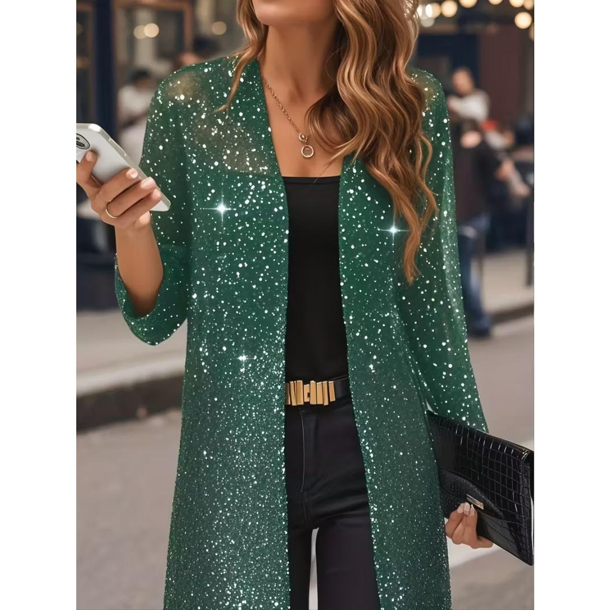 

New Women s Elegant Shiny Mesh 3/4 Sleeve Open Cardigan, Fashion Casual Spring Summer Top for Women, European American Style XXL темно-зелений колір