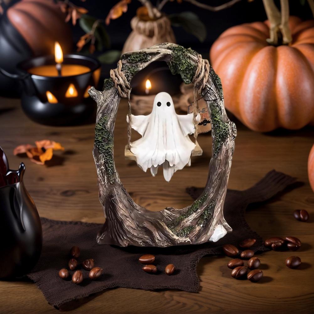 Swinging Ghost Ornament Resin Cute Spooky Halloween Figurine Multi-Purpose Small Ghost Figurine for Indoor Outdoor Porch