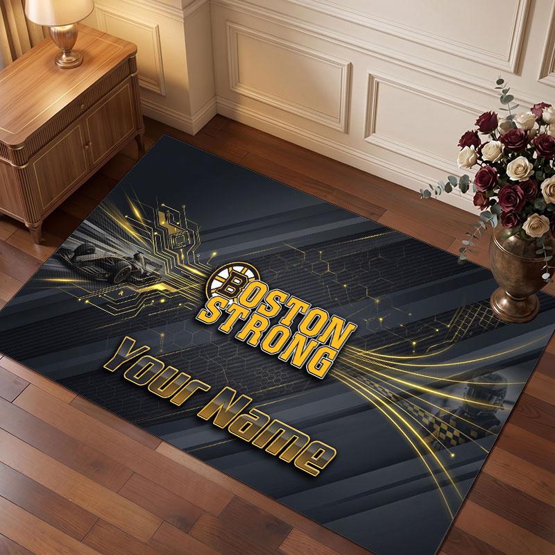 Boston Bruins Personalized Crystal Velvet Carpet, Customized Name Text Soft Anti‑Slip Rug for Living Room Bedroom