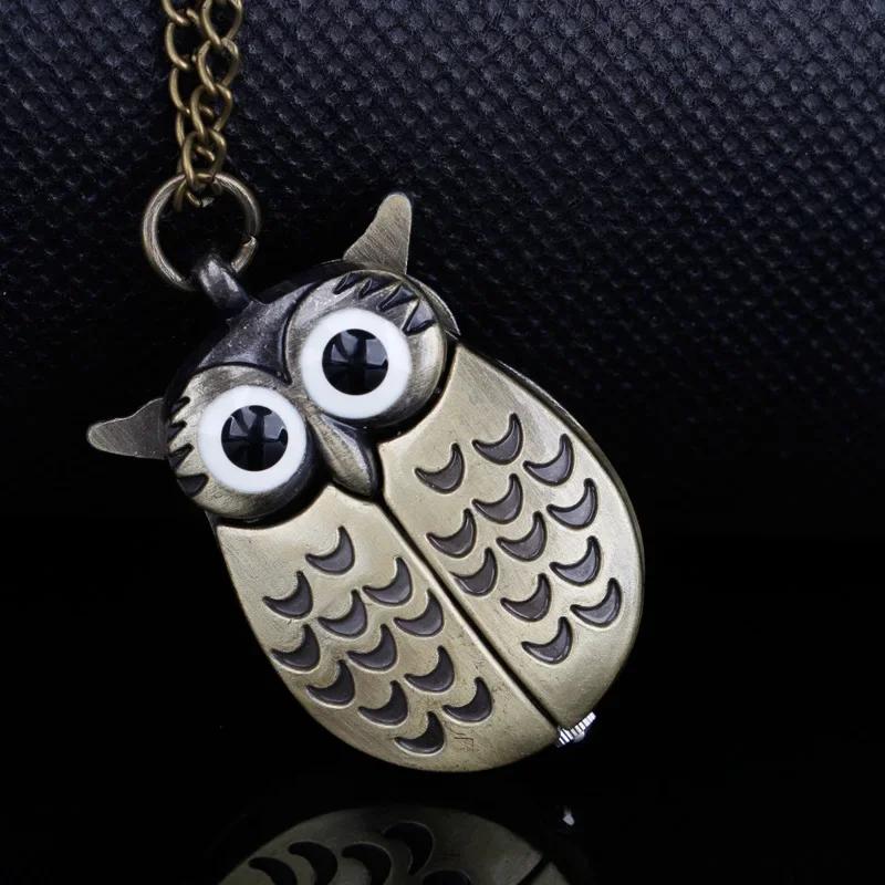 10pcs/lot Cute Owl Quartz Pocket Watch Arabic Digital Dial Clothing Accessories Pendant Men Women Necklace Chain Gift