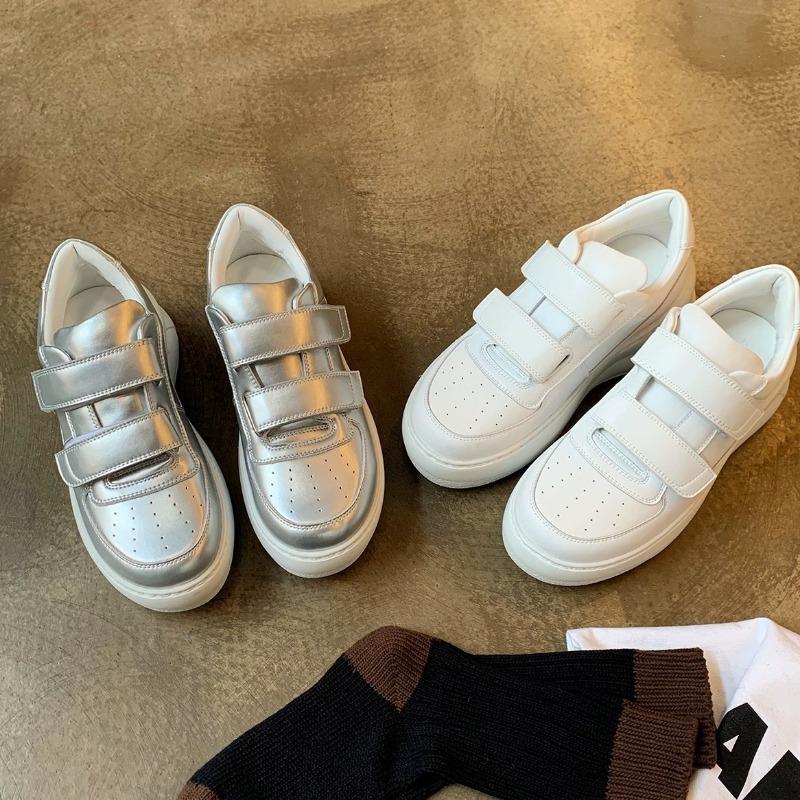 Cowhide version~ thick-soled leather Velcro little white shoes women's new height-increasing casual muffin sports shoes versatile board shoes