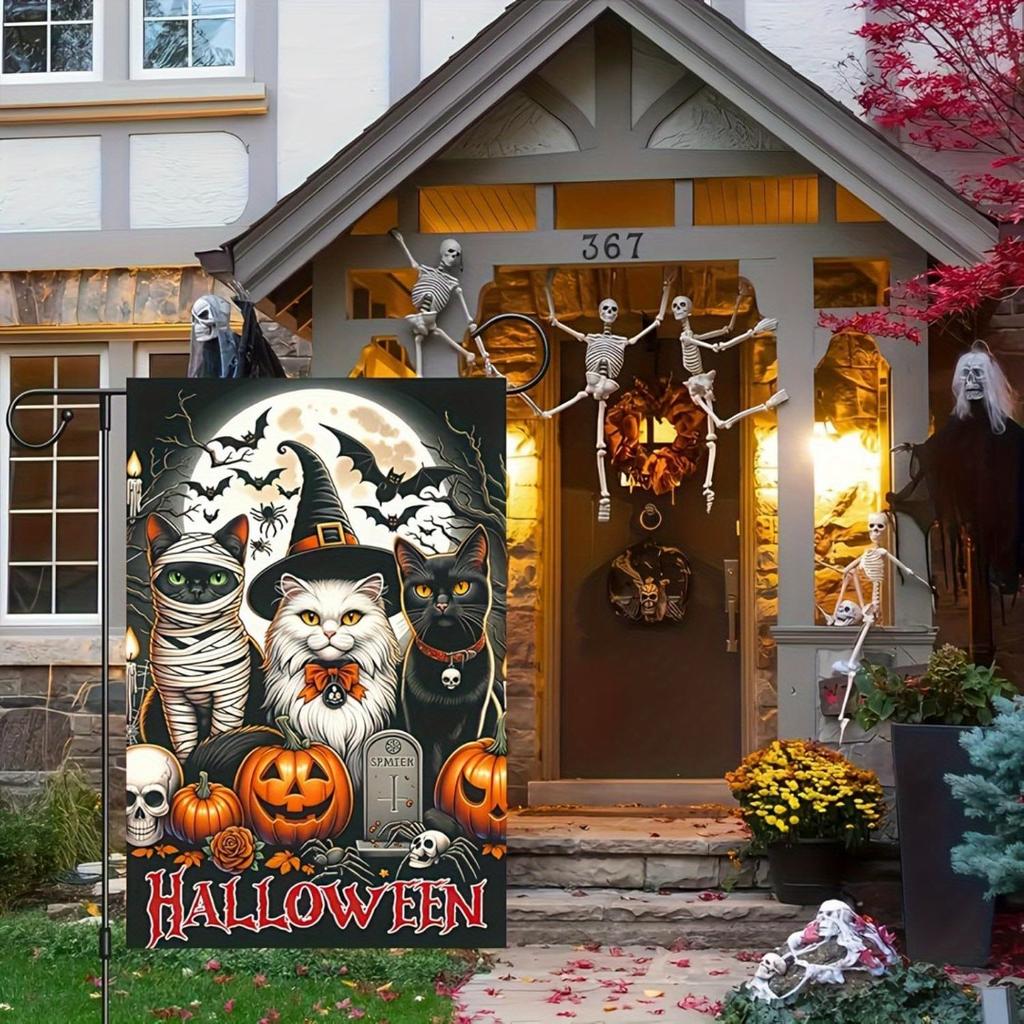 1pc 30x45cm Halloween Three Cat Pumpkin Bats 3D Printed Suitable for Halloween Yard Outside Decoration No Flag Pole 12X18Inch