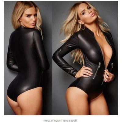 Hot Sale, Autumn Women's Leather Zipper Slim Fit Long Sleeve Nightclub Style Onesie