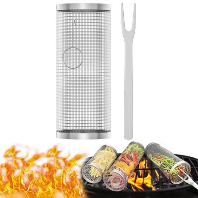 LMETJMA Rolling BBQ Basket Stainless Steel BBQ Net Tube Portable Outdoor BBQ Grill Mesh Camping Barbecue Rack JT50