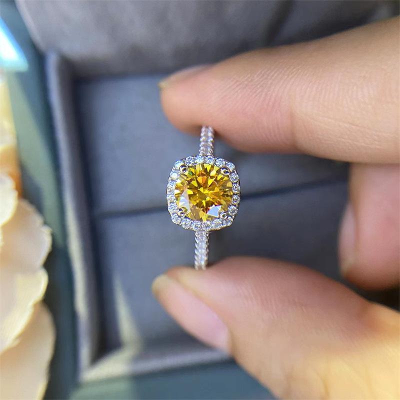 Yellow Moissanite Square Bag Style Ring with Gold Finish, Certified Moissanite Diamond, and Black Card. Size 12